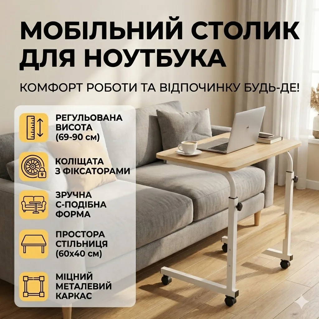 Компьютерный столик мобильный на колёсах с фиксаторами, высота 69–90 см, столешница 40×60 см