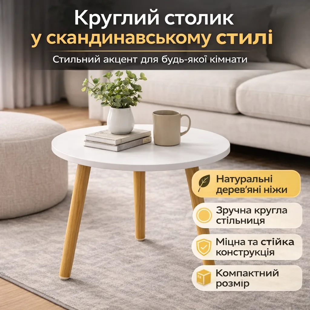 Столик круглий Grant DASH-1201, 40×40×55 см, біла стільниця, ніжки світле дерево