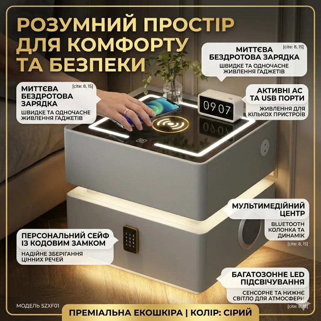 Смарт-тумба XF01 сіра, з кодовим замком, LED-підсвіткою та USB-портами, мультимедійна станція
