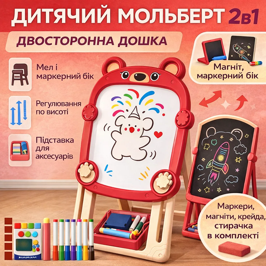 Детский мольберт Fan&Fan «Медвежонок», красный, напольный, чёрная меловая + белая магнитная доска