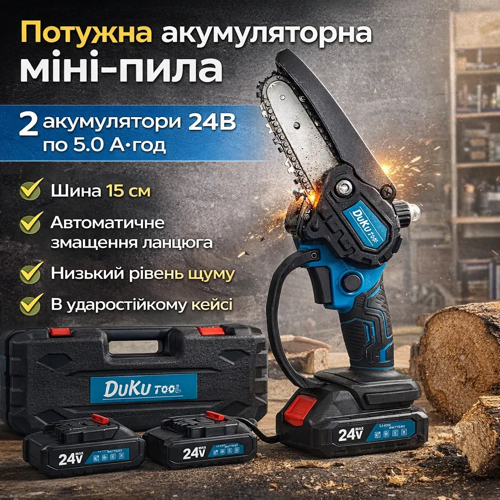 Аккумуляторная мини-пила DUC2000 на 2 аккумулятора, автоматическая смазка цепи, шина 15 см, 2000 Вт