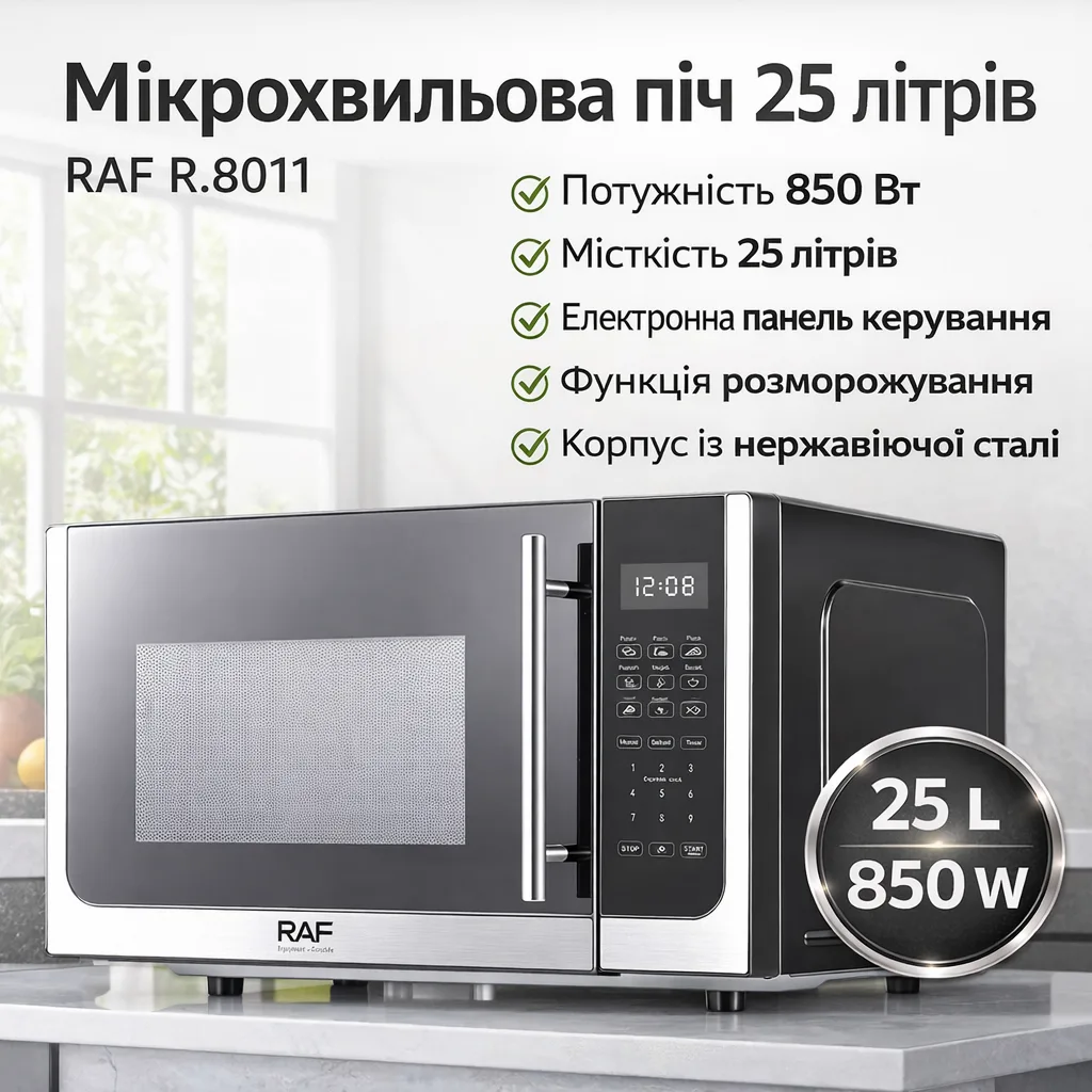 Печь микроволновая RAF R.8011, 850 Вт, 25 л, корпус из нержавеющей стали