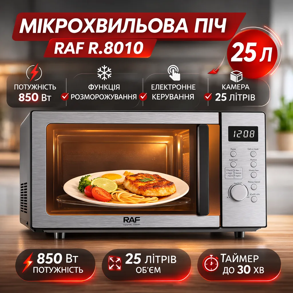 Микроволновая печь RAF R.8010 25 л, 850 Вт, интеллектуальное размораживание