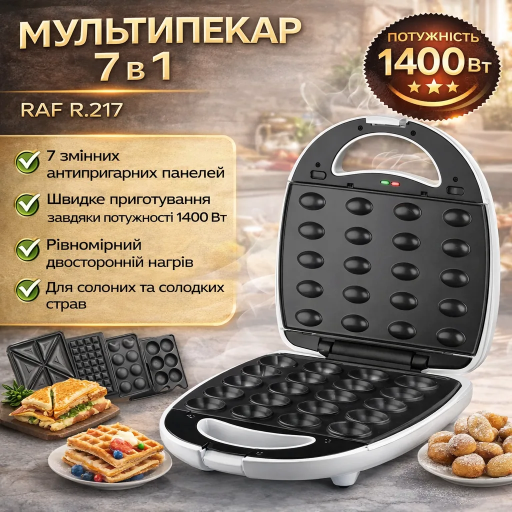 Сэндвичница электрическая с семью сменными панелями и двусторонним нагревом RAF R.217 1400W