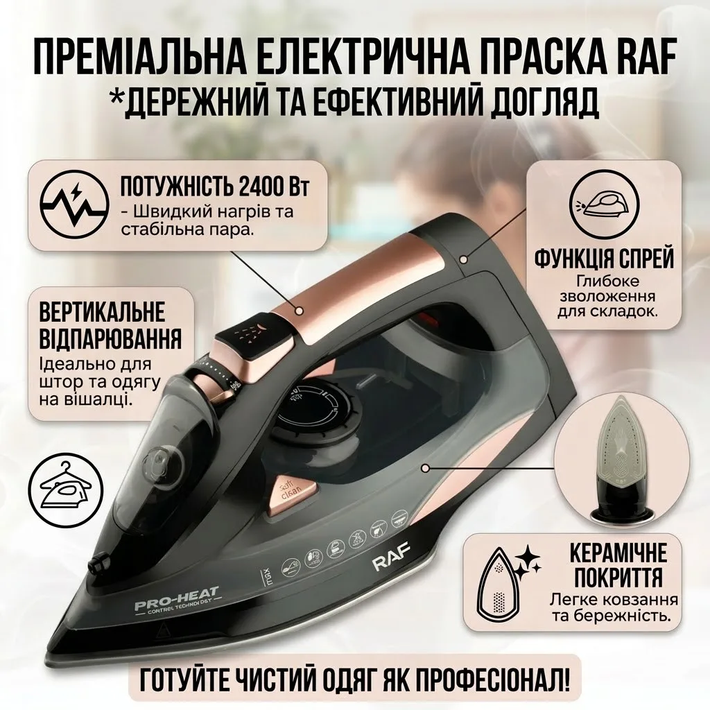 Праска електрична RAF R.1388 2400W, керамічна підошва, резервуар 350 мл