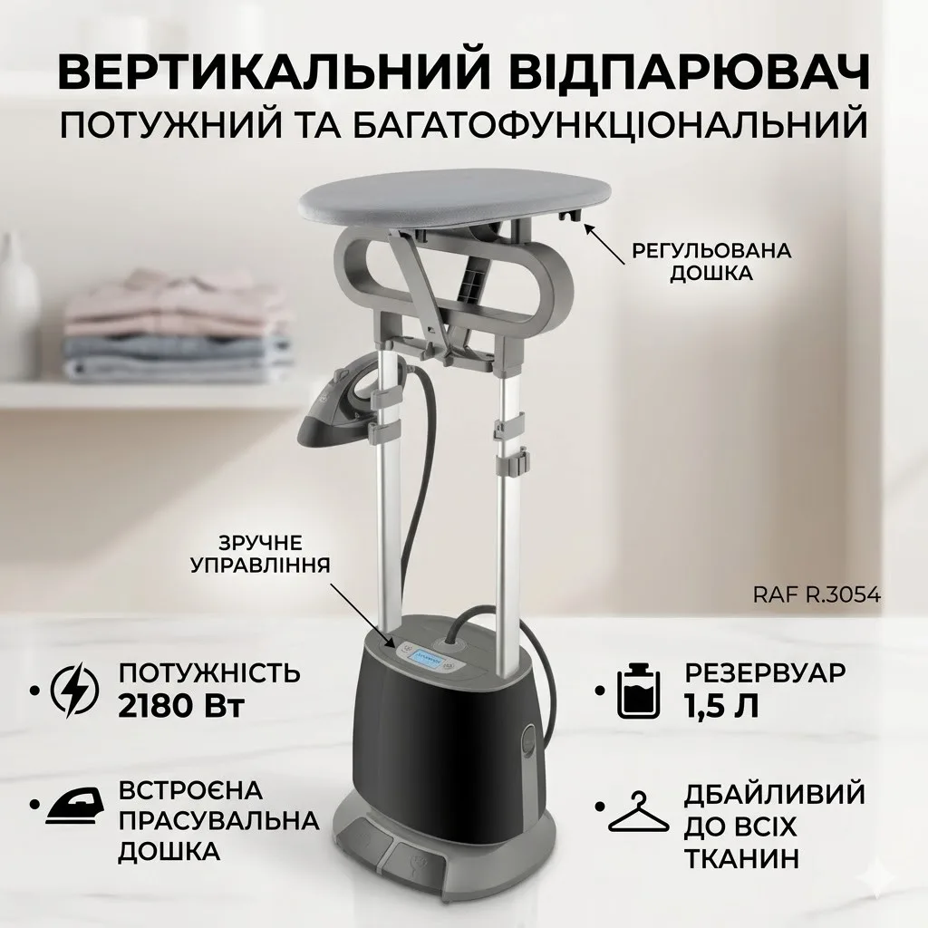 Вертикальний відпарювач для одягу RAF R.3054, підлоговий, резервуар 1.5 л, 2180 Вт
