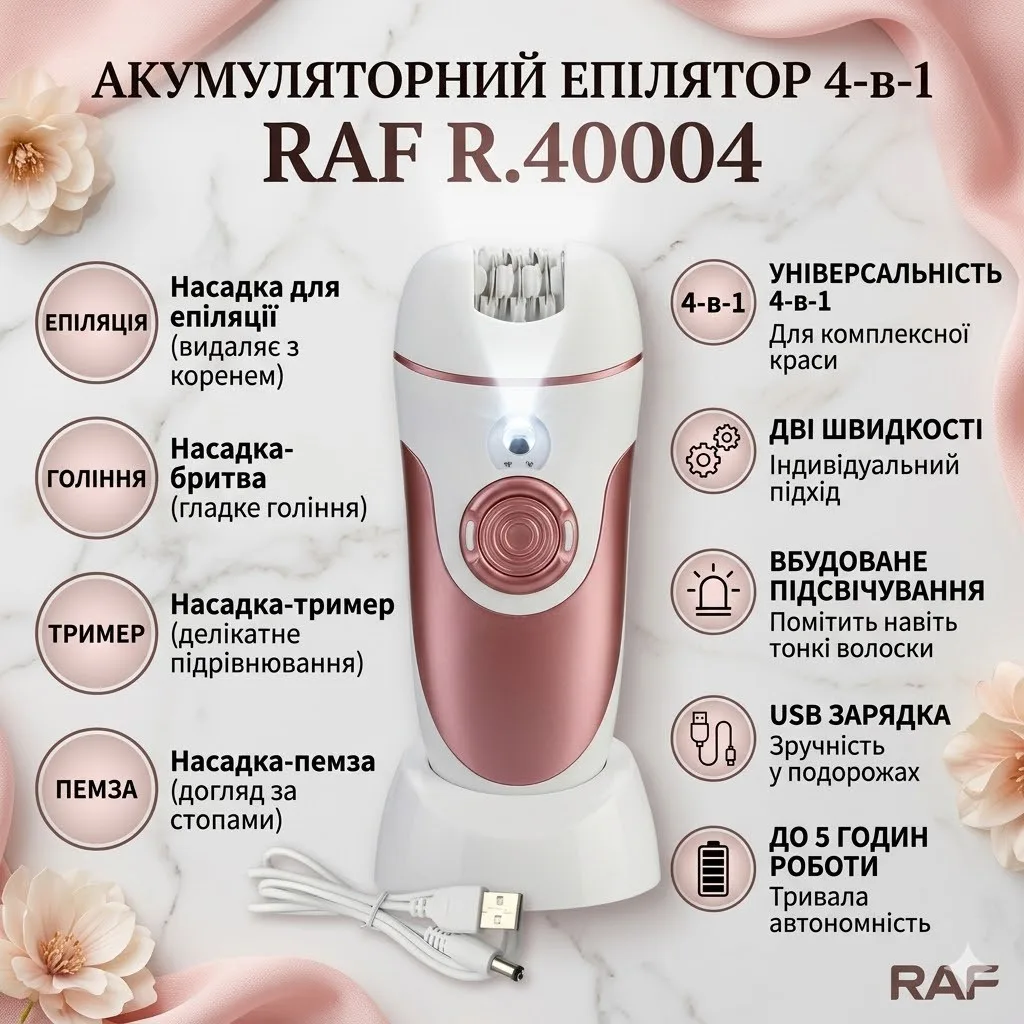 Аккумуляторный эпилятор 4в1 RAF R.40004, с насадками, USB-зарядка, 3W