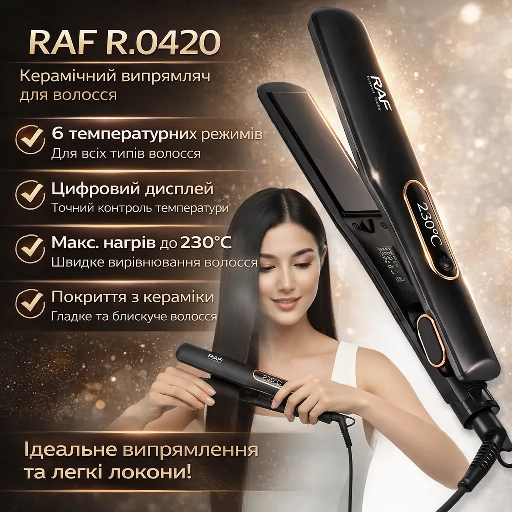 Керамический выпрямитель для волос RAF R.0420, дисплей, 6 режимов, 45W