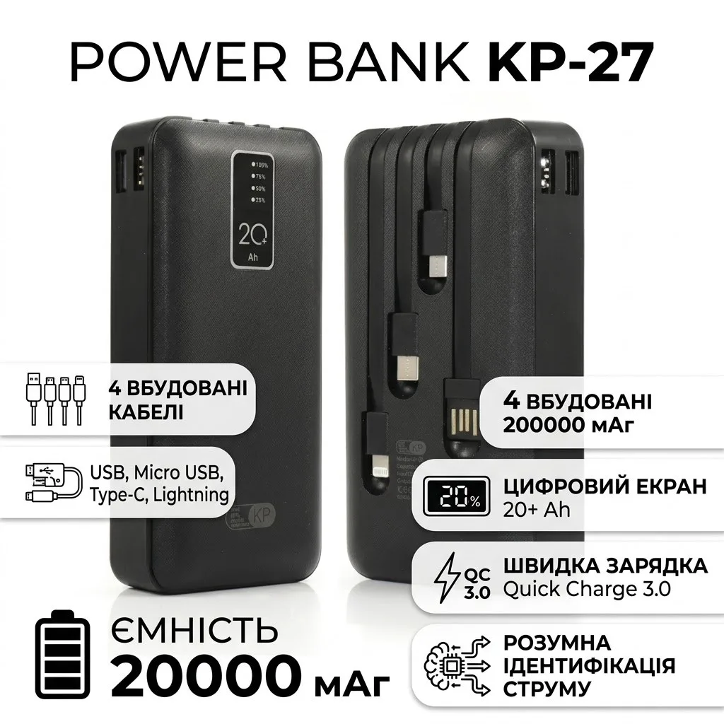 Павербанк KP KP-27 20000 мАч с экраном и набором кабелей