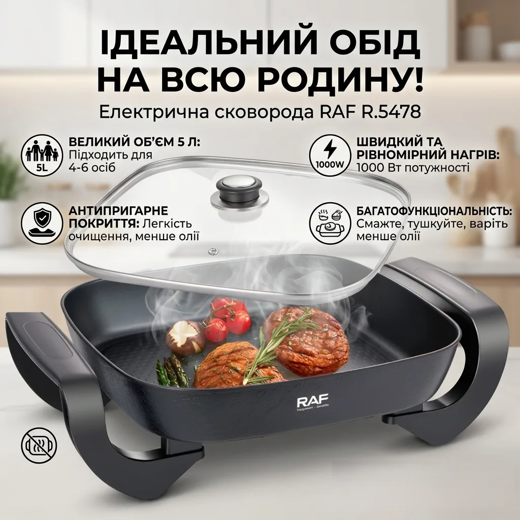 Сковорода электрическая RAF R.5478, стеклянная крышка, антипригарная, 1000W