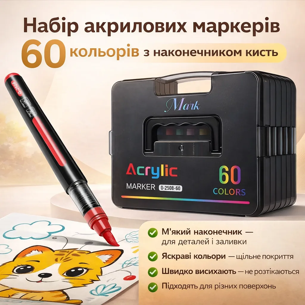 Набір акрилових маркерів MAP-15, 60 кольорів, наконечник-пензель