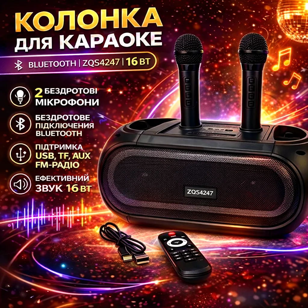 Портативная Bluetooth-колонка ZQS4247 16Вт с 2 микрофонами караоке, USB/TF/FM/AUX