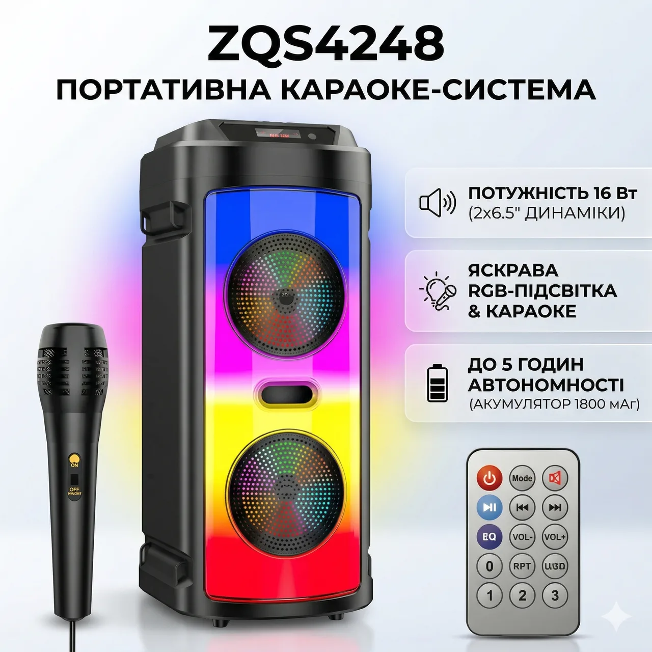 Портативная Bluetooth колонка ZQS4248, 2х6.5", RGB подсветка, микрофон, пульт ДУ