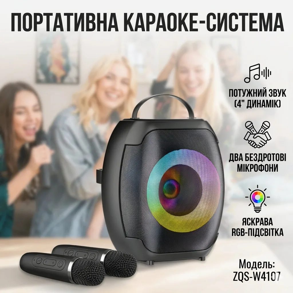 Колонка портативная Bluetooth 4" ZQS-W4107, 2 беспроводных микрофона, 8 Вт