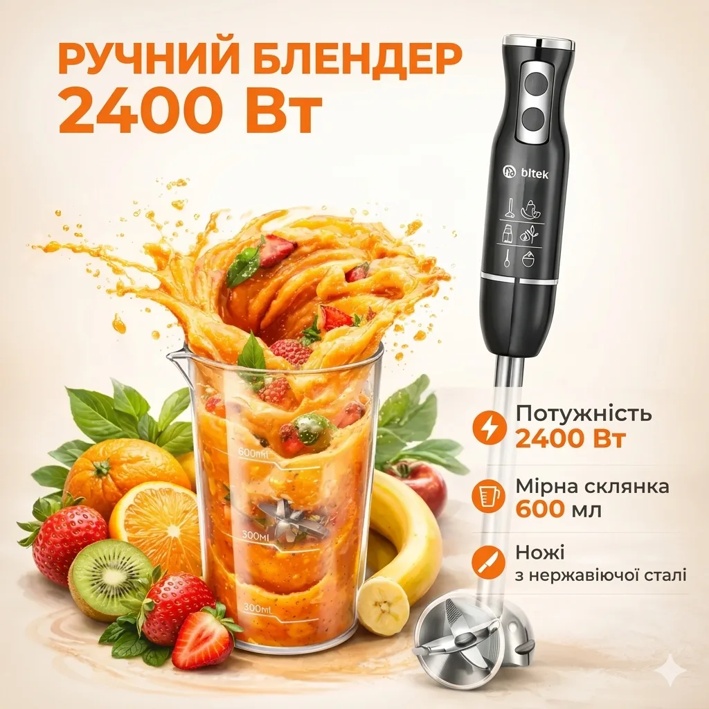 Блендер ручний з чашею BITEK BT-330, 2400 Вт, нержавіюча сталь