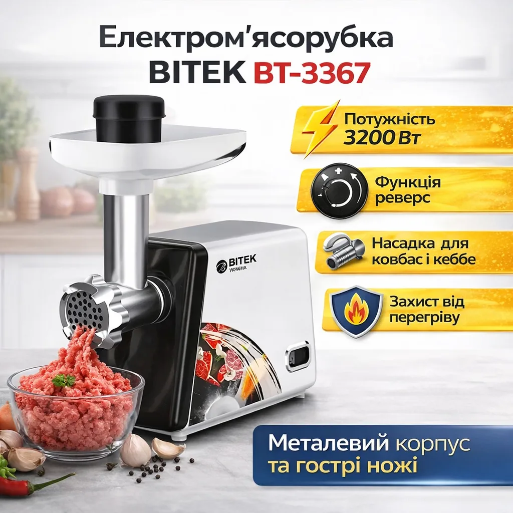 М'ясорубка електрична BITEK BT-3367, металевий корпус, 3200 Вт, для колбас і кеббе