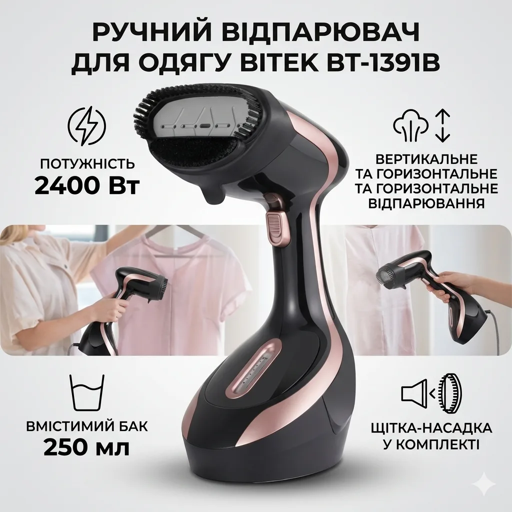 Ручний відпарювач для одягу 250 мл зі щіткою 2400