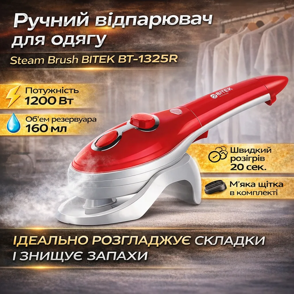 Ручний відпарювач для одягу BITEK BT-1325R Steam Brush, 1200 Вт, 160 мл