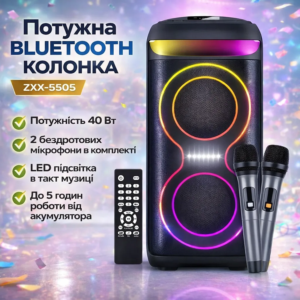 Колонка портативна Bluetooth ZXX-5505, 2х6.5", 40W, з 2 бездротовими мікрофонами та LED підсвіткою