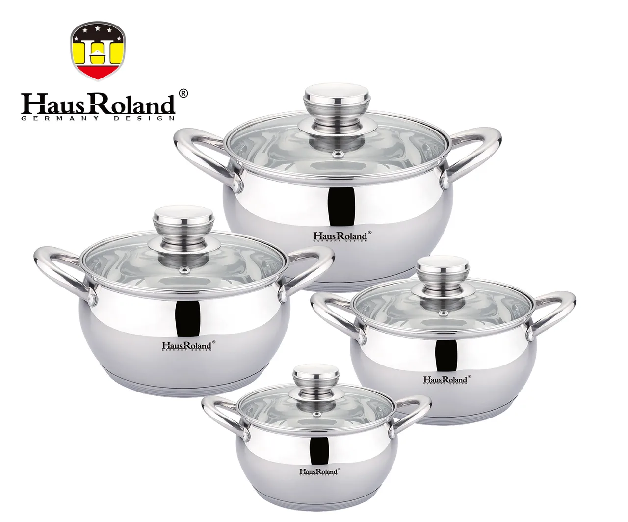 Набір каструль Haus Roland HR113-2, 4 шт, нержавіюча сталь, 1,9/2,6/3,6/6,1 л, сріблястий