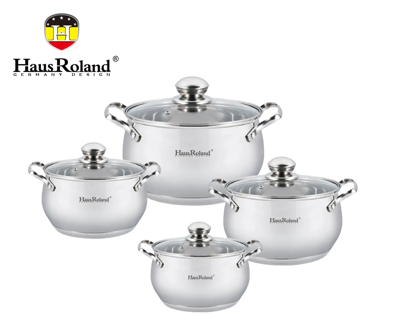 Набір каструль Haus Roland HR115-1, 4 шт, нержавіюча сталь 2,1/2,9/3,9/6,3 л, сріблястий