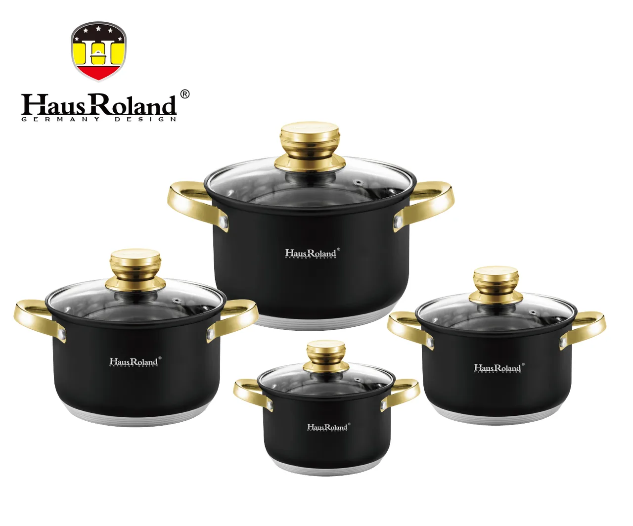 Набор кастрюль Haus Roland HR131-7, 4 шт, нержавеющая сталь, 2,1/2,9/3,9/6,1 л, черный