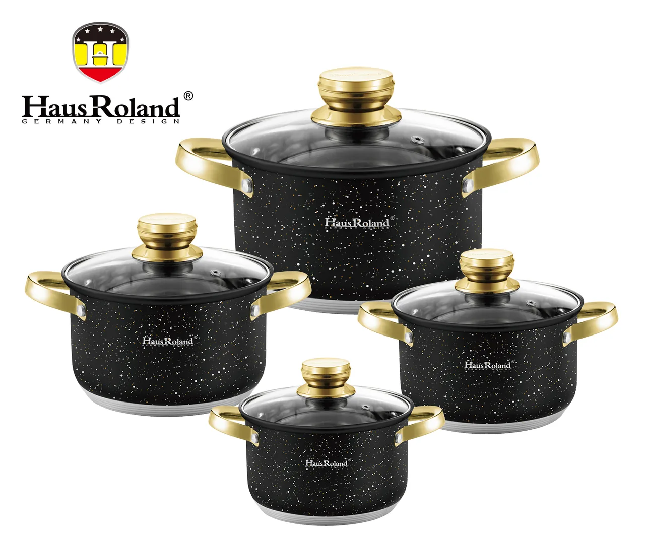 Набор кастрюль Haus Roland HR131-10, 4 шт, нержавеющая сталь, 2,1/2,8/3,9/6,1 л, гранитное покрытие, чёрный