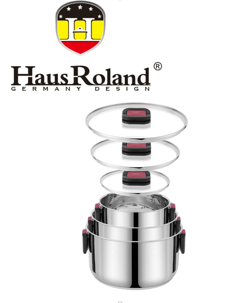 Набор кастрюль Haus Roland HR168-1, 3 шт, нержавеющая сталь 1,9/3,6/6,5 л, со складными ручками, серебристый