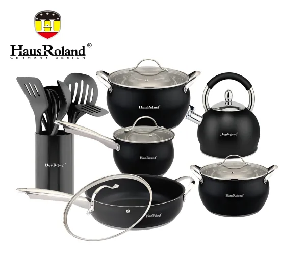 Набор посуды Haus Roland HR126-1, 18 предметов, нержавеющая сталь: кастрюли 3,6/6,0 л, ковш 1,9 л, сковорода 2,9 л, чайник 3,0 л