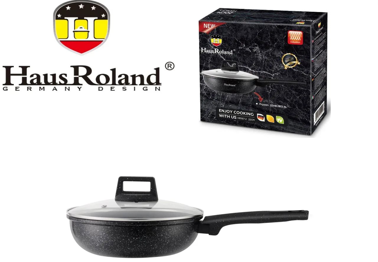 Сковорода Haus Roland HR167-5, 28 см, алюмінієва, 4,3 л, з кришкою, чорна