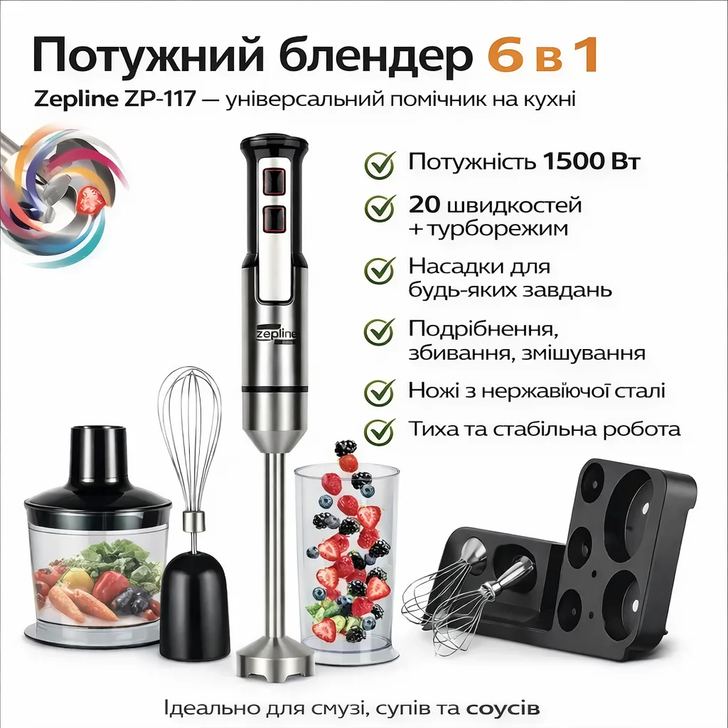 Блендер занурювальний 6 в 1 Zepline ZP-117, 1500 Вт, з насадками: подрібнювач, віничок, міксер