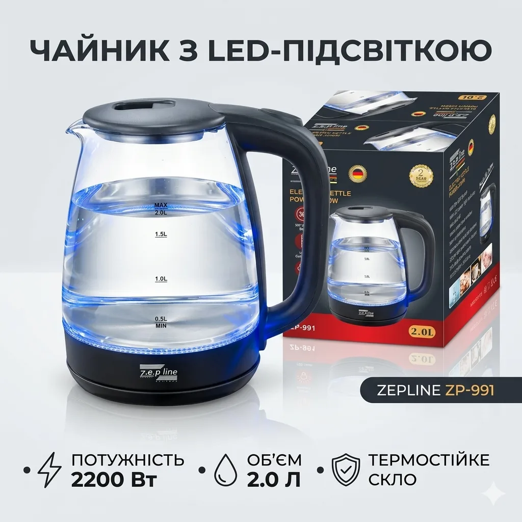 Электрочайник стеклянный Zepline ZP-991 с LED подсветкой, 2,0 л, 2200 Вт, прозрачный, автоотключение