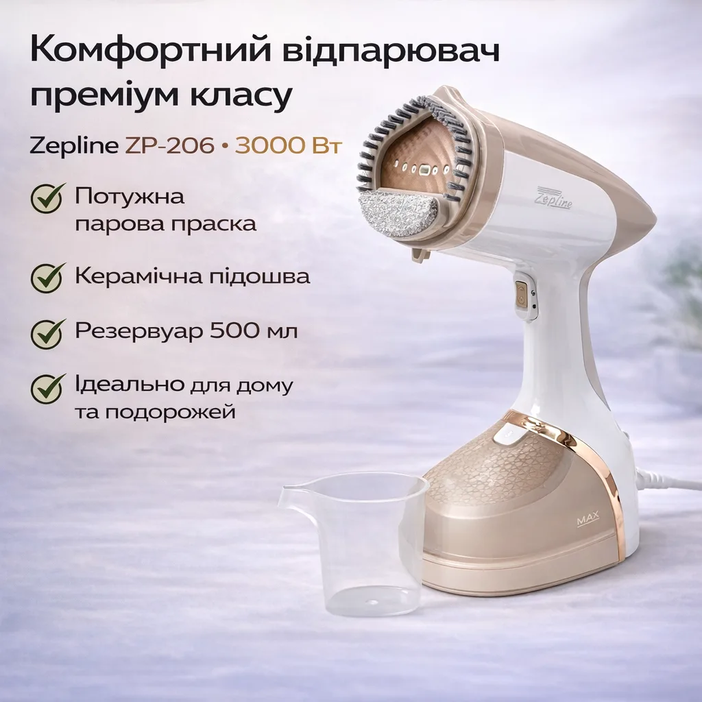 Отпариватель Zepline ZP-206 бежевый, портативный утюг-отпариватель для одежды