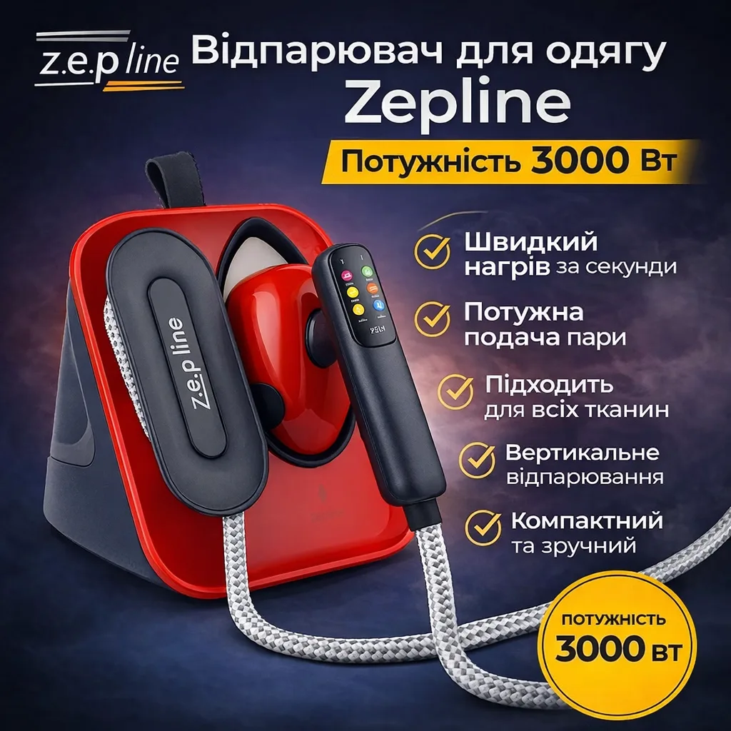Ручний відпарювач Zepline ZP-00222 Pro, 3000 Вт, подача пари 50 г/хв, червоний
