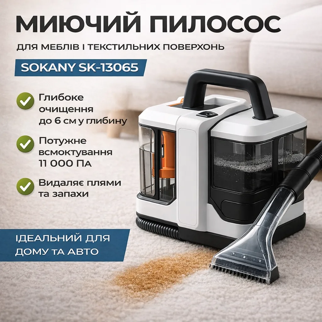 Моющий пылесос Sokany SK-13065 для ковров, текстиля, мебели и автомобиля
