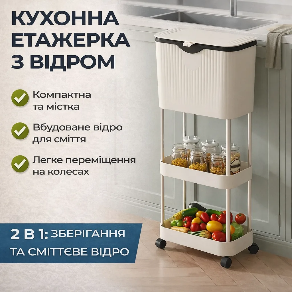 Кухонна тележка з урною для сміття на колесах, 78,5x29x20см