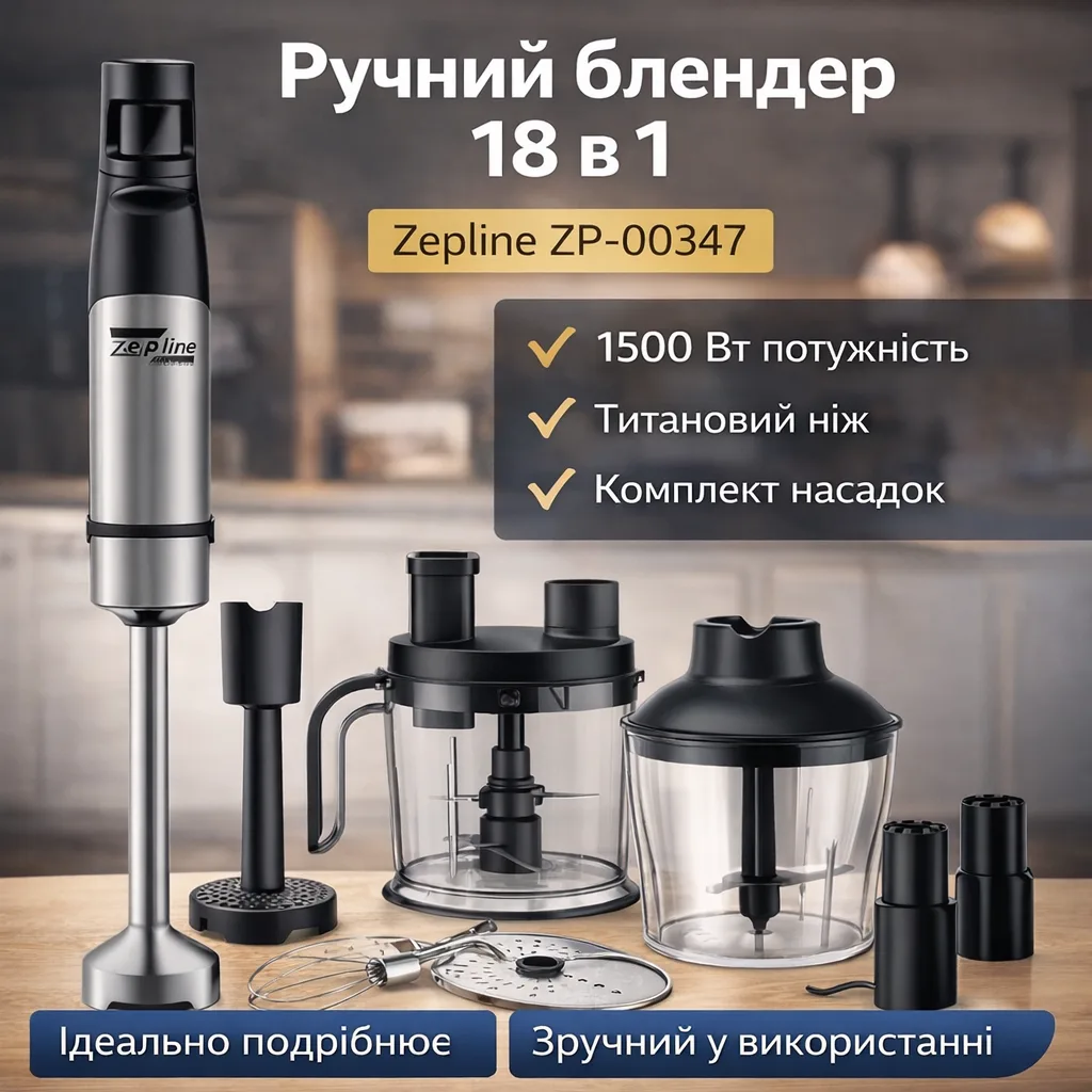 Блендер ручний Zepline ZP-00347, 18в1, набір насадок, 1500 Вт, чорний