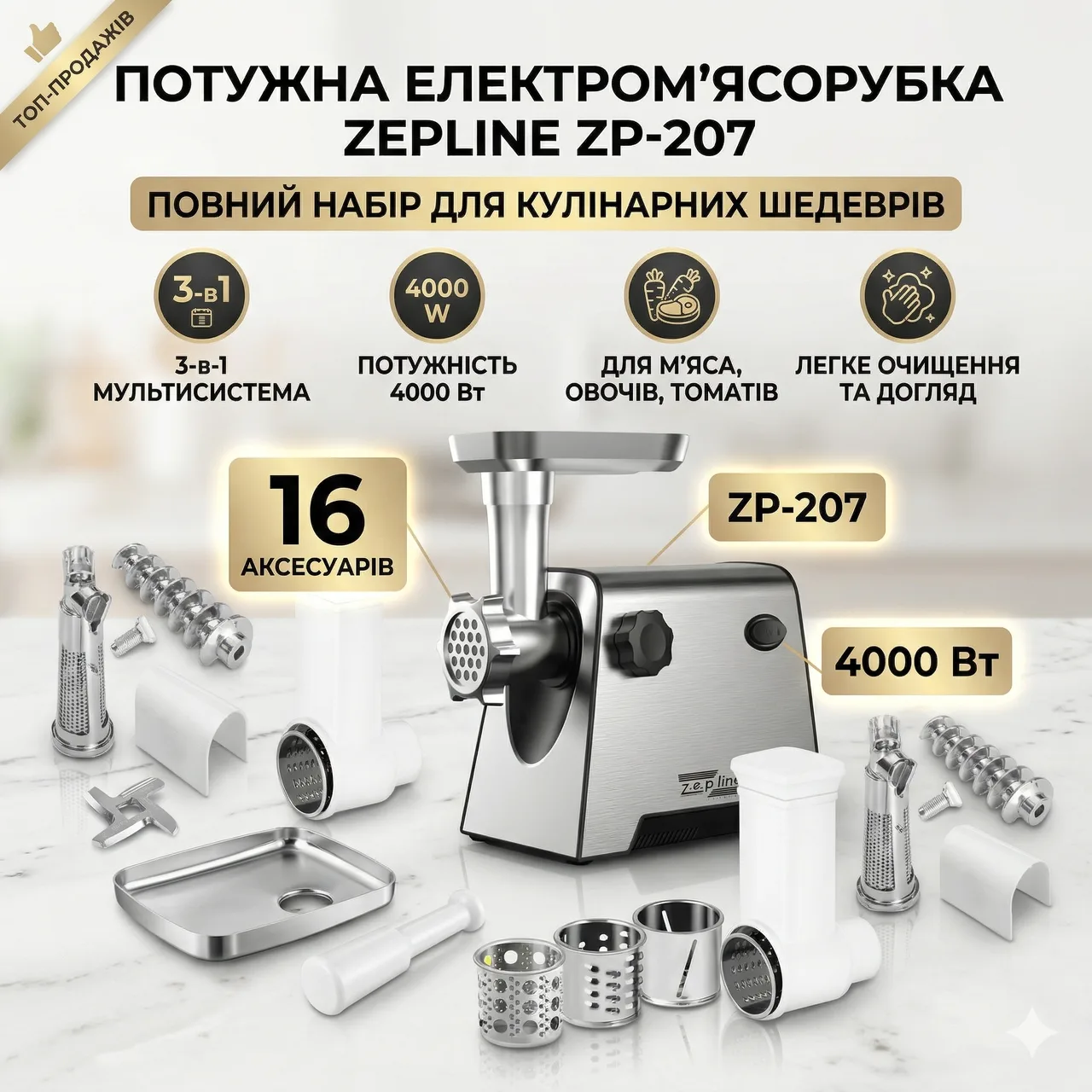 М'ясорубка електрична Zepline ZP-00207, 3в1 (соковижималка, шаткування, насадка для ковбаси), 4000 Вт