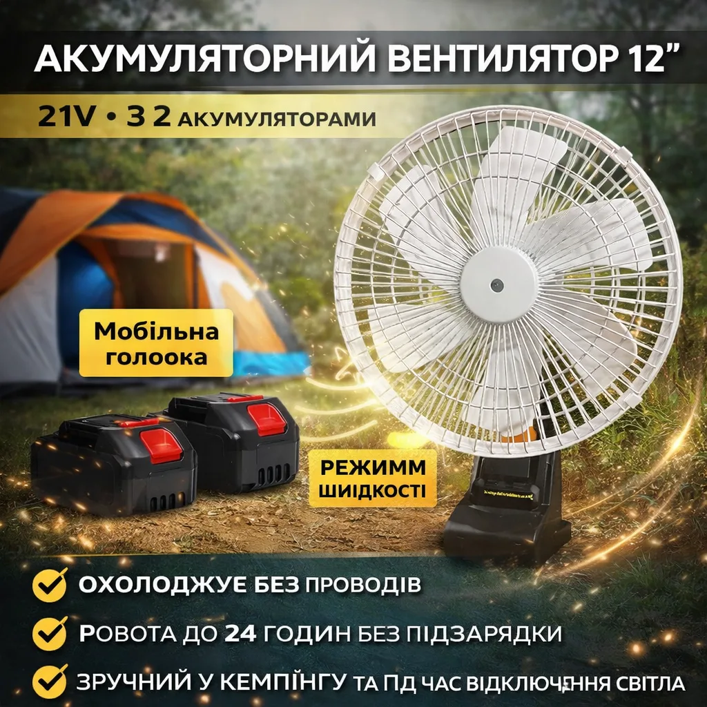 Портативний вентилятор VAP-12 з автообертанням, акумуляторний, 12", 21V, 2 АКБ