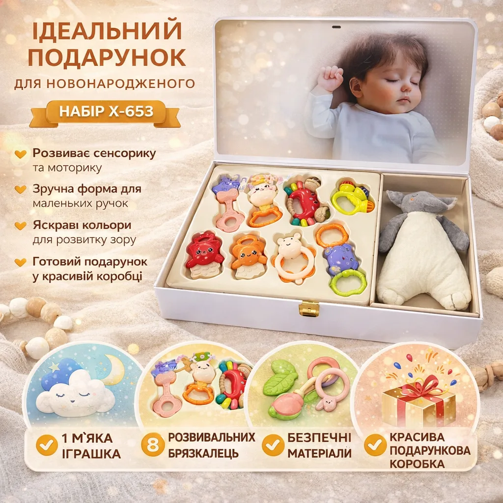 Набір дитячих торохтушок X-653, 8 шт + мʼяка іграшка