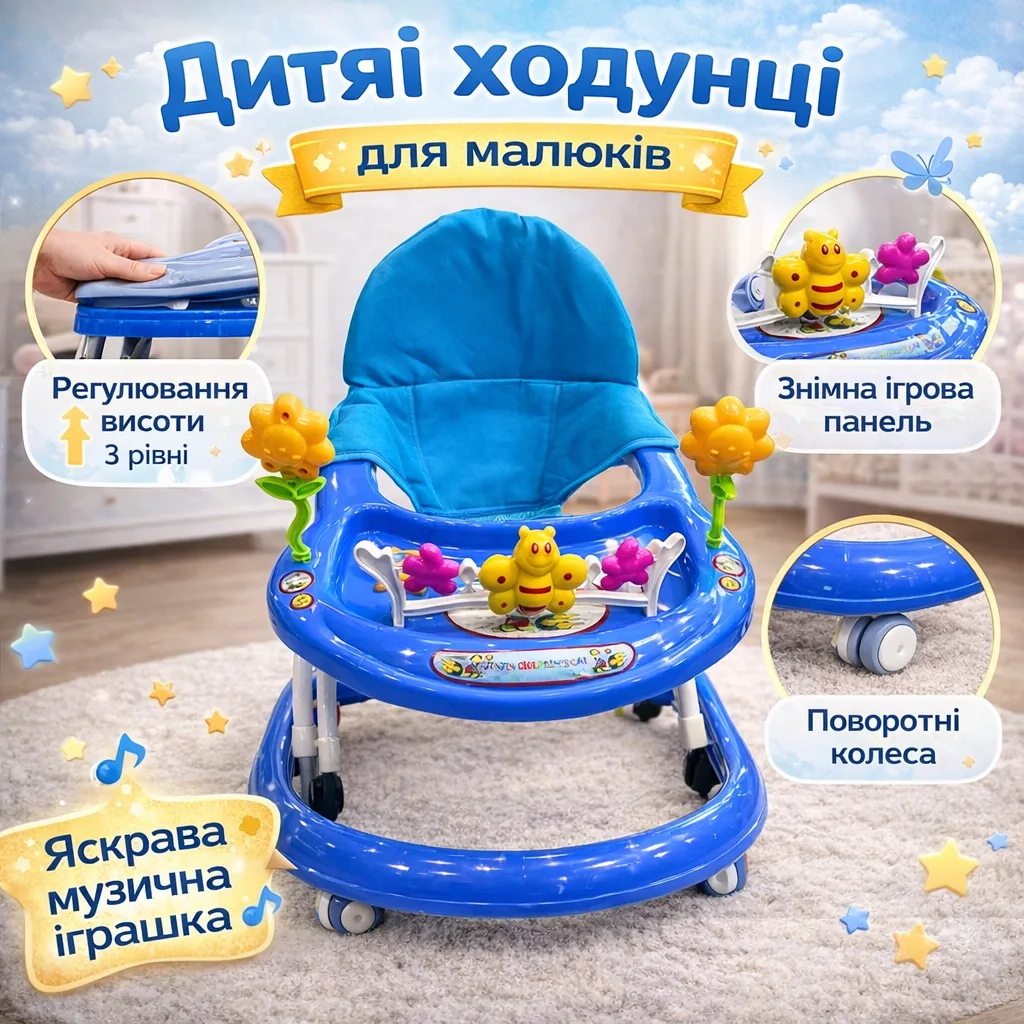 Дитячі ходунки з ігровою панеллю «Бджілка» Х-621, стійкий тренажер для перших кроків