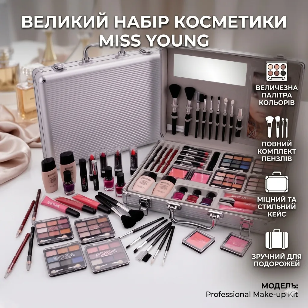 Набор для макияжа профессиональный в серебристом кейсе, 68 предметов