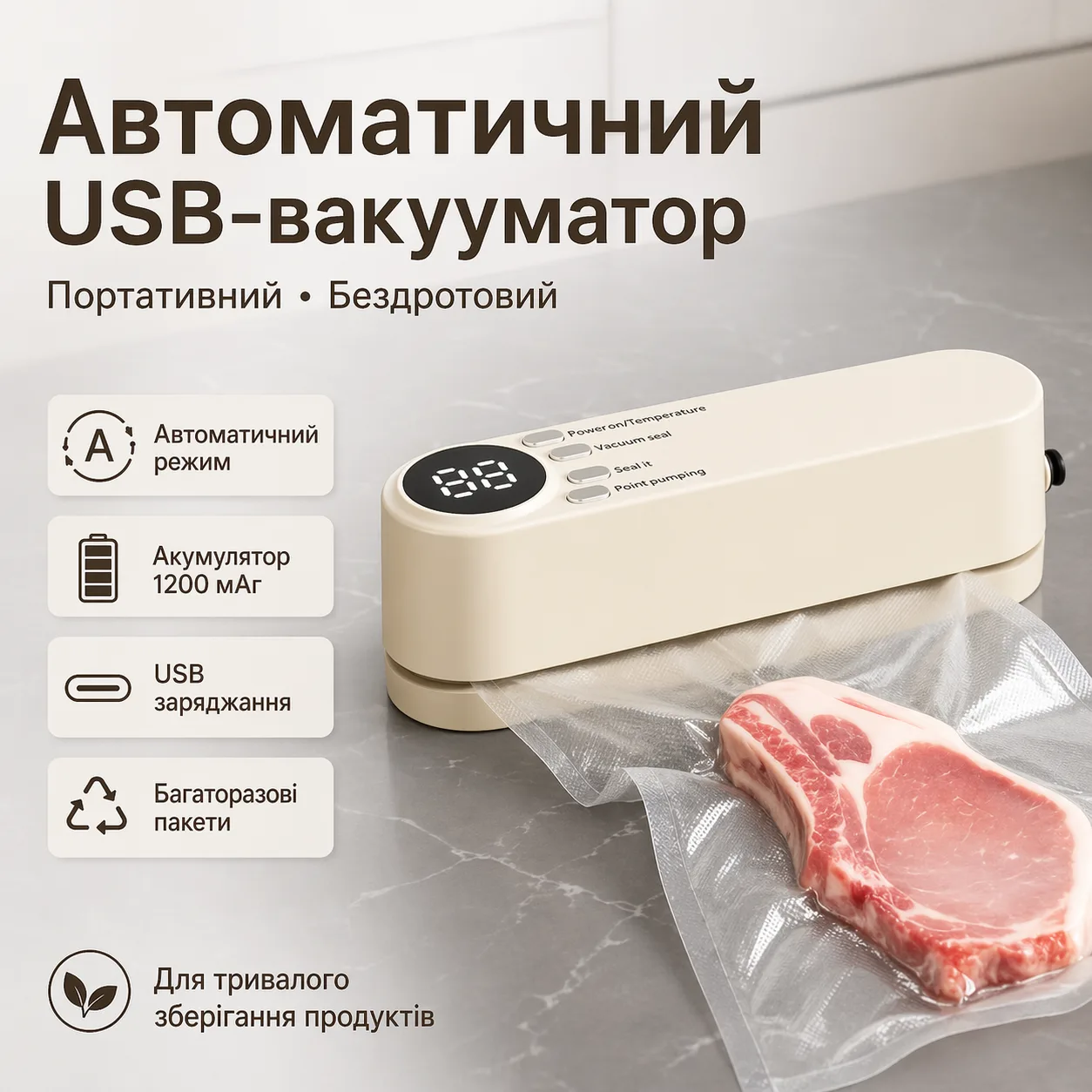 Вакууматор USB автоматичний портативний, з герметичними пакетами, бежевий, 1200 мАг
