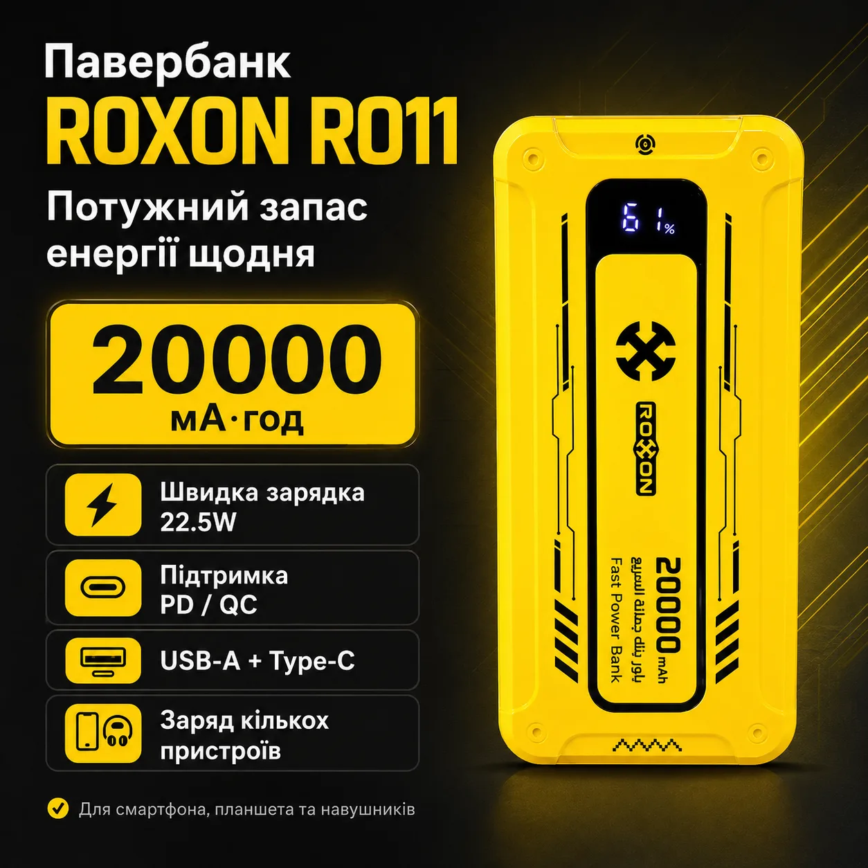 Повербанк ROXON RO11, 20000 мАч, 22.5 W, быстрая зарядка