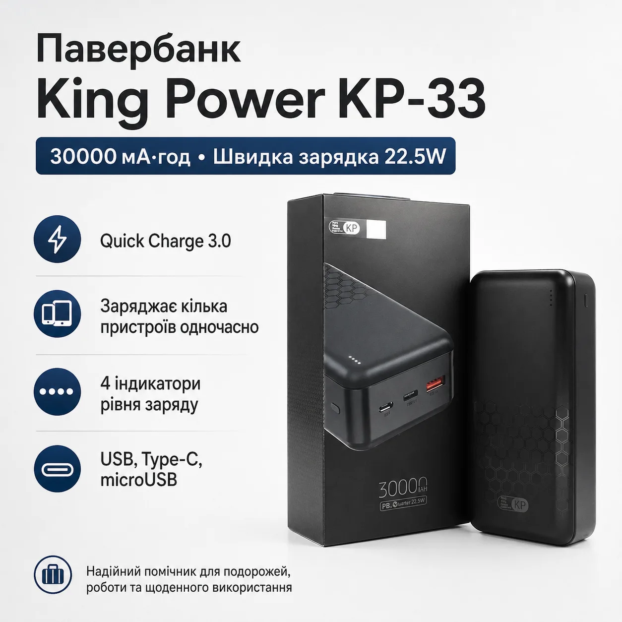 Внешний аккумулятор King Power KP-33 30000 мАч 22.5W, быстрая зарядка