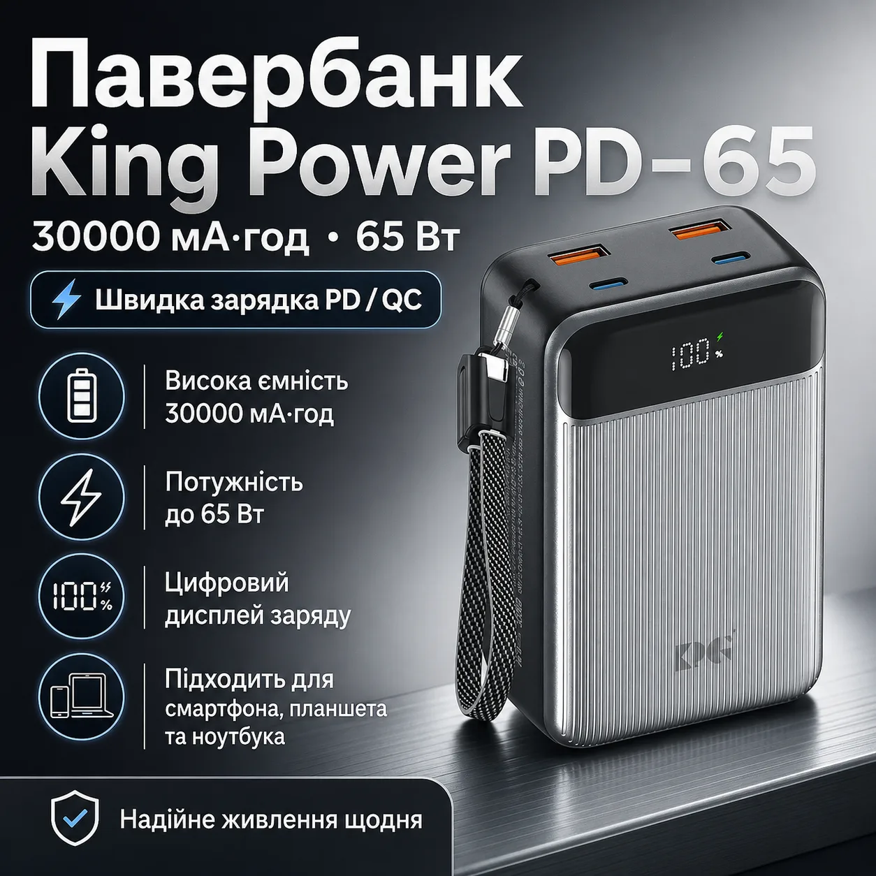 Павербанк King Power PD-65 30000 мАг 65W, швидке заряджання для смартфона, планшета і ноутбука