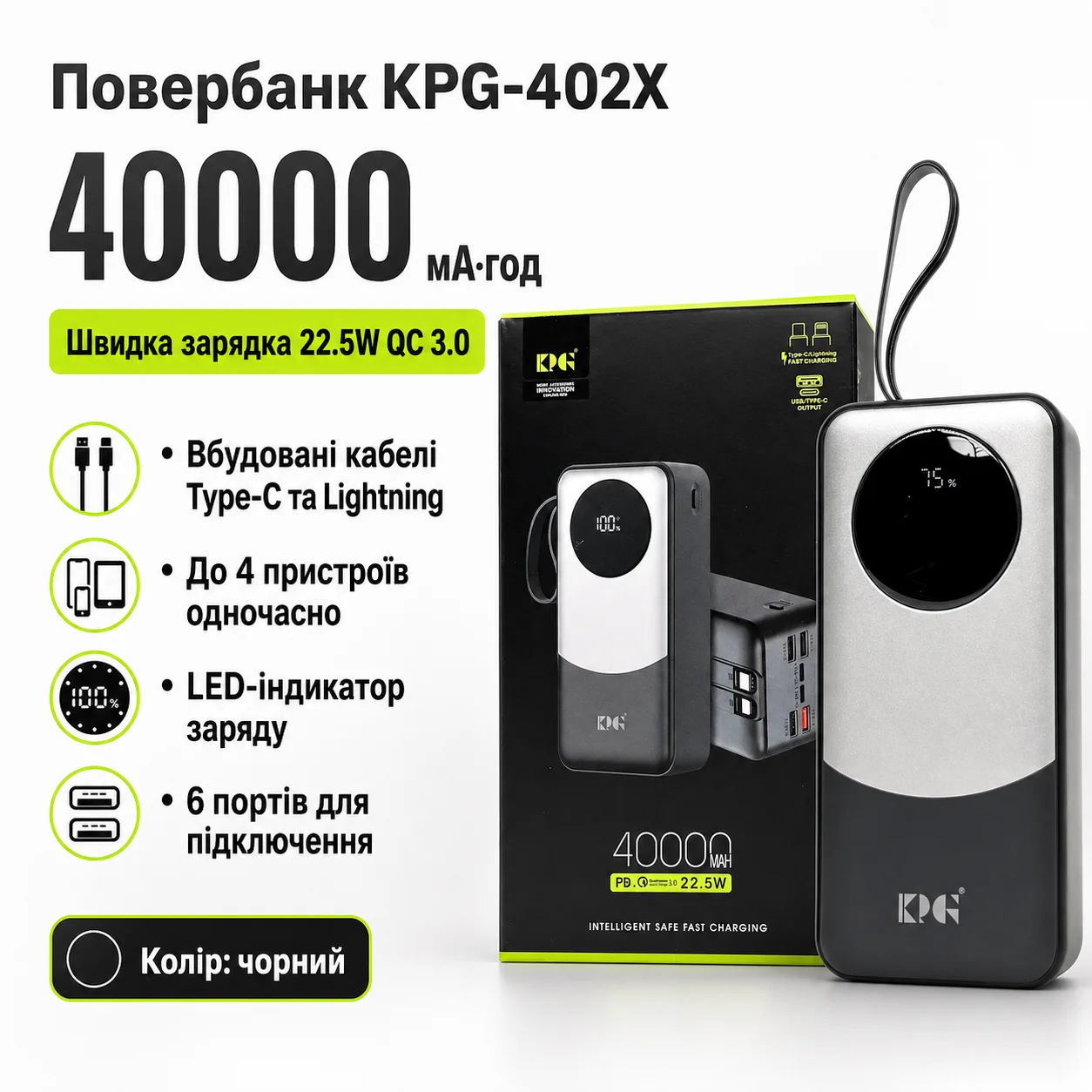 Повербанк KPG-402X 40000 мАг 22.5W QC з вбудованими кабелями