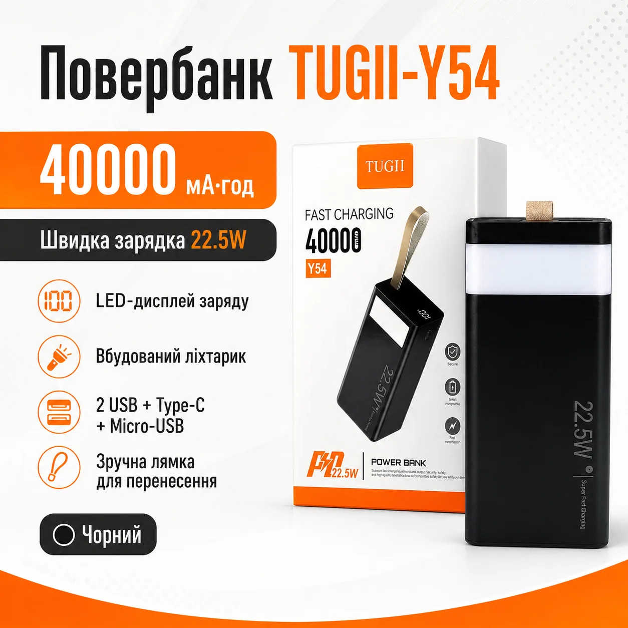 Повербанк TUGII-Y54, 40000 мАч, быстрая зарядка 22.5W, дисплей и фонарик