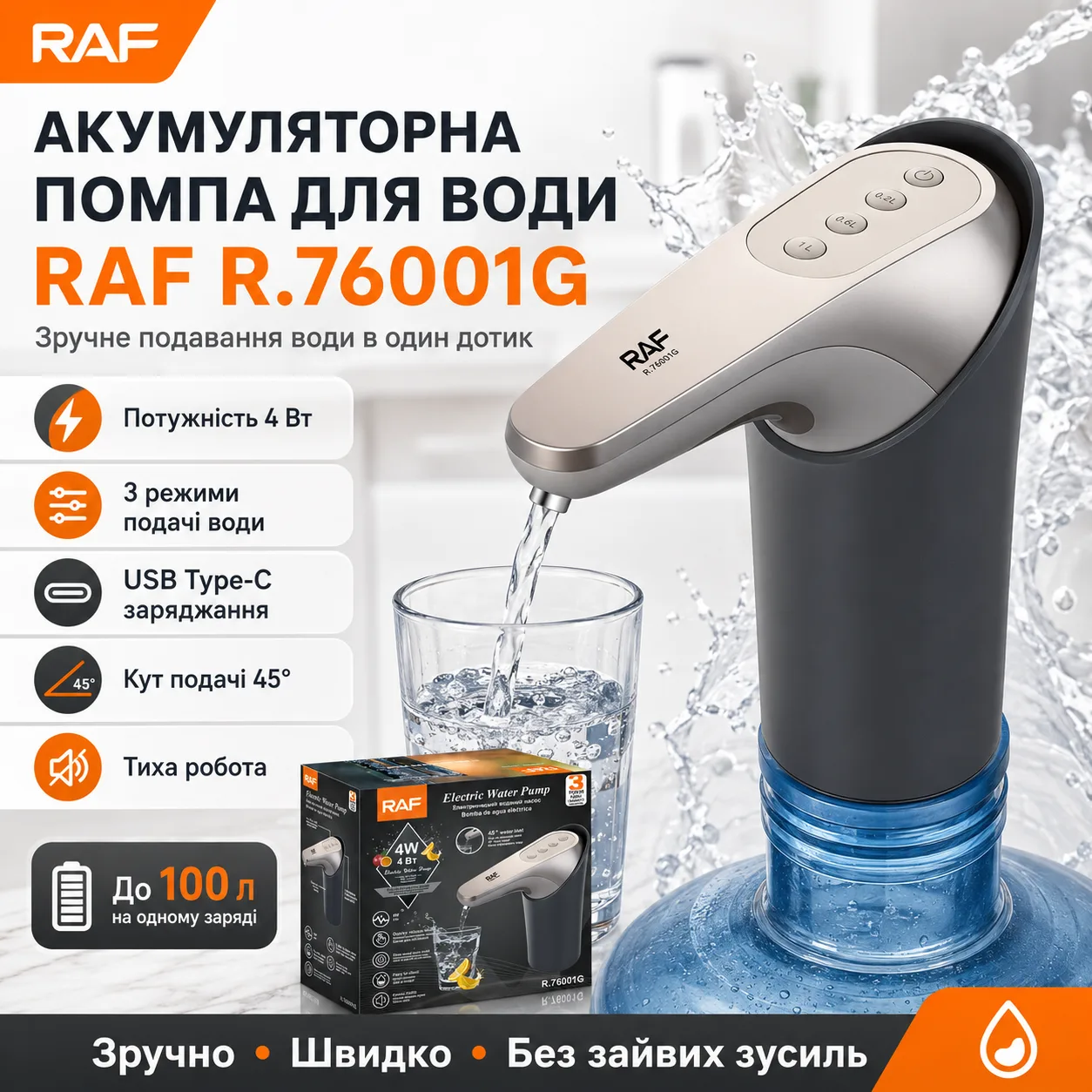 Помпа акумуляторна для води RAF 76001G, 4W, 3 режими роботи