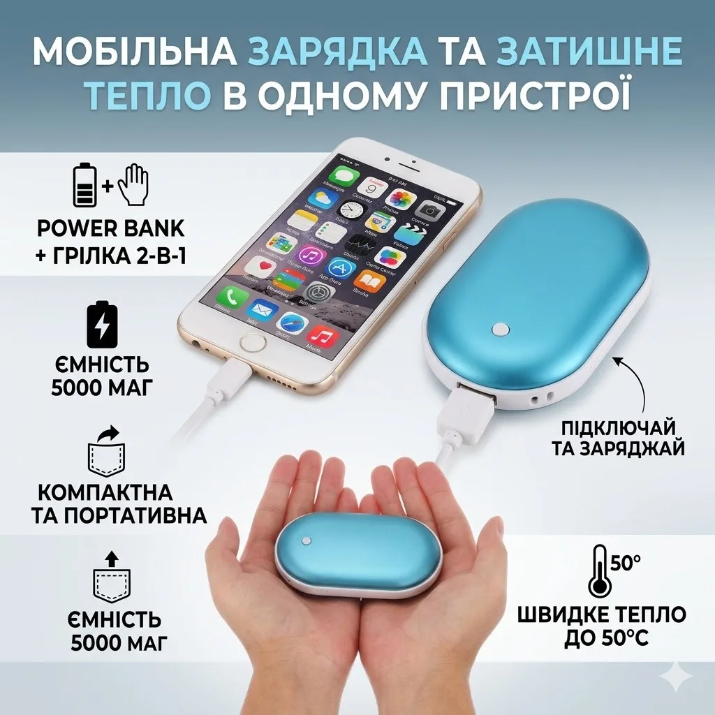 Грілка для рук і повербанк 2 в 1 Pebble Hand Warmer, 5000 мАг, з підігрівом